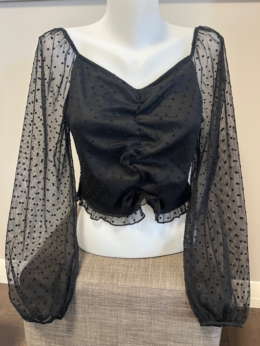 U2B Black Sheer Polka Dot Crop Top M